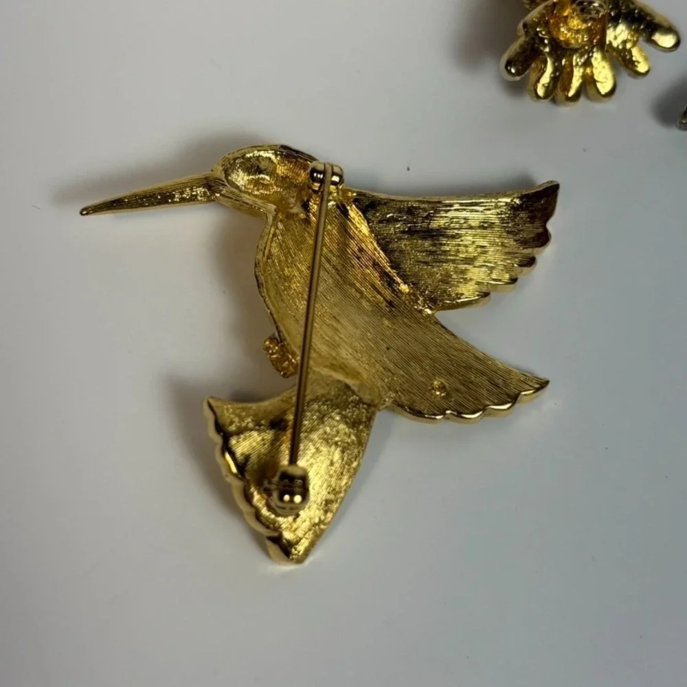 Brooch Lot Hummingbirds Vintage Silver Tone Green Painted Gold Tone‎ 2 inch